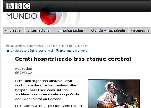 La edición electrónica de BBC Mundo dio a conocer la noticia de la descompensación del cantante