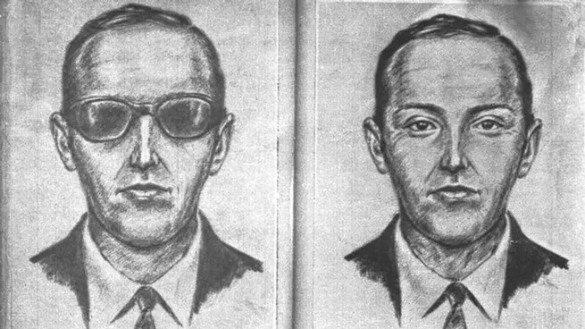 Ilustración del misterioso escape de D. B. Cooper, quien saltó en paracaídas desde el vuelo 305 tras ejecutar el que sería uno de los robos más enigmáticos en la historia de Estados Unidos.