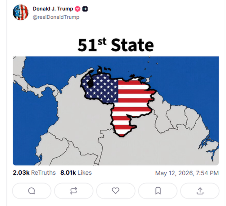 A través de su cuenta de Truth Social, el mandatario hizo un peculiar posteo donde la bandera de la República Bolivariana aparece coloreada con la bandera estadounidense. A través de su cuenta de Truth Social, el mandatario hizo un peculiar posteo donde la bandera de la República Bolivariana aparece coloreada con la bandera estadounidense.