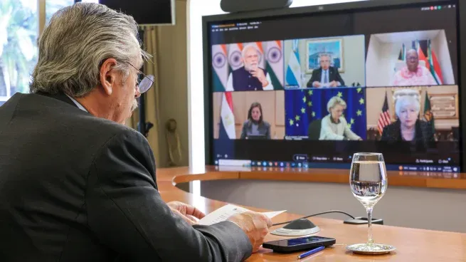 Alberto Fernández en su participación virtual en el G20. 