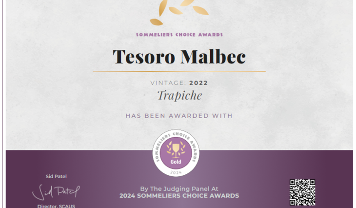 Certificado de ganador del Trapiche Tesoro Malbec 2022, elegido como 