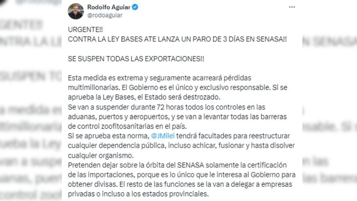 El posteo de Rodolfo Aguiar, Secretario General de ATE.
