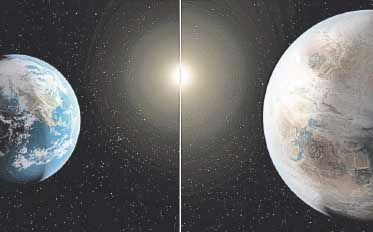 On the left, the Earth, much smaller in size compared to the new planet, which is 1400 light years away. It orbits a star similar in size and temperature to the Sun, but older. On the left, the Earth, much smaller in size compared to the new planet, which is 1400 light years away. It orbits a star similar in size and temperature to the Sun, but older.