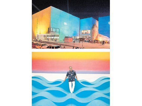 Arriba, el lobo marino hecho de alfajores que levantó frente al MAR Marta Minujin, emblema del Pop vernáculo, y al lado, Edgardo Giménez con la escenografía que creó para el film “Los neuróticos”. Ambos forman parte de la muestra que inaugura el Museo de Arte Contemporáneo de la Provincia de Buenos Aires.