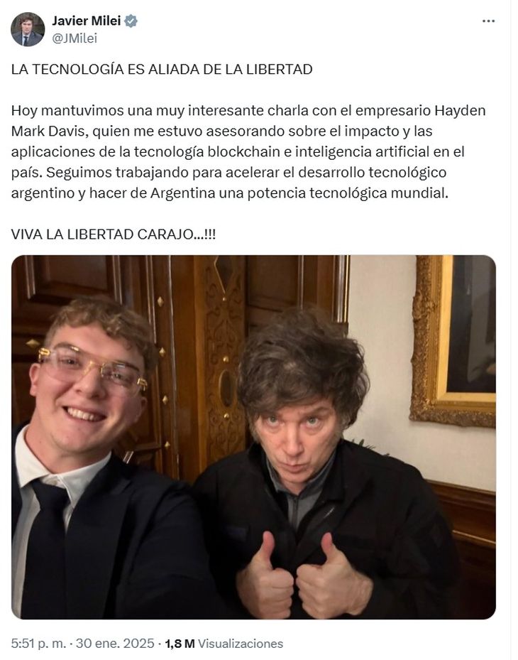 El tweet de Javier Milei, minutos después de un movimiento millonario en las cuentas de Hayden Davis.