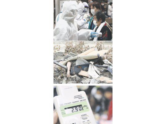 Los evacuados del área contaminada por la radiación en el noreste de Japón son sometidos a pruebas permanentes para determinar si han sido contaminados. La situación de pánico, sumada a la repetición de fuertes réplicas sísmicas, complica las tareas de rescate y remoción de cuerpos (arriba). Las mediciones de radiación en el aire son continuas incluso en zonas alejadas como Tokio (abajo).
