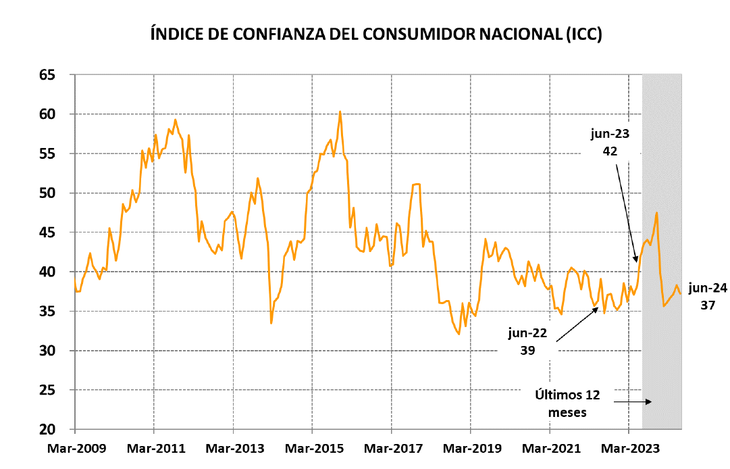 En la comparación interanual, el valor de junio de 2024 del ICC se ubicó un 10,91% por debajo del mismo mes de 2023