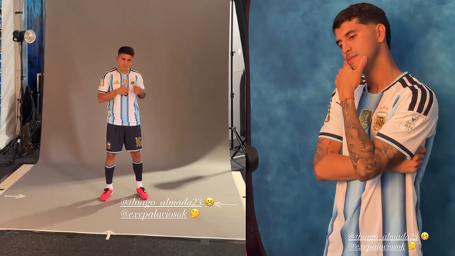 Thiago Almada y Exequiel Palacios durante la sesión de fotos.&nbsp;