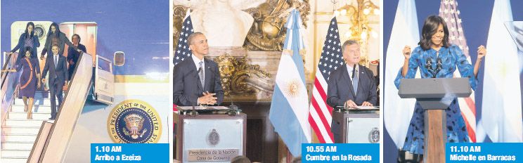 Barack Obama llegó a Ezeiza abordo del Air Force 1 con su familia en la madrugada de ayer. Su agenda empezó junto a Mauricio Macri en Casa Rosada. Michelle expuso junto a Juliana Awada en Barracas.
