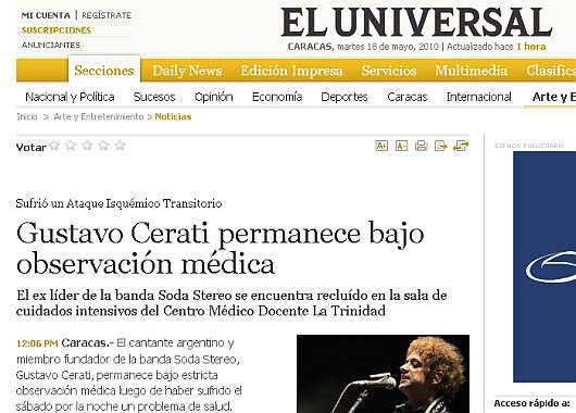 El Universal de Venezuela publicó declaraciones del médico que atendió a Cerati