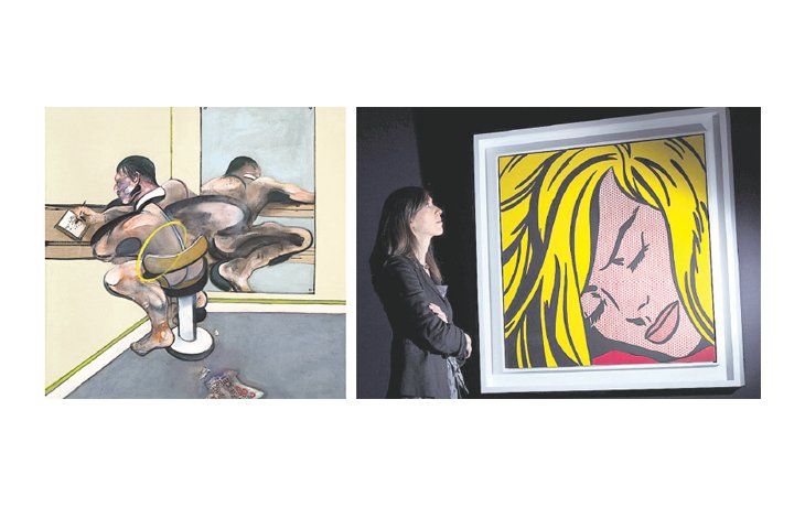 «Figure Writing Reflected in Mirror» de Francis Bacon fue la otra obra vendida en casi 45 millones de dólares en la subasta de Sotheby’s., Una contempladora ante «Sleeping Girl» de Roy Lichtenstein, artista que evidencia un fuerte influjo del comic.