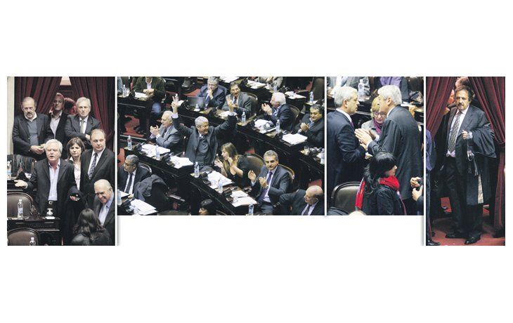 Federico Pinedo, Eduardo Amadeo, Patricia Bullrich y Ricardo Gil Lavedra entraron a protestar cuando se inició la sesión. Carlos Kunkel, Juliana Di Tullio y Agustín Rossi, los más efusivos a la hora del festejo, junto con Julián Domínguez. Roberto Feletti más reservado. Ricardo Alfonsín apareció detrás de las cortinas.
