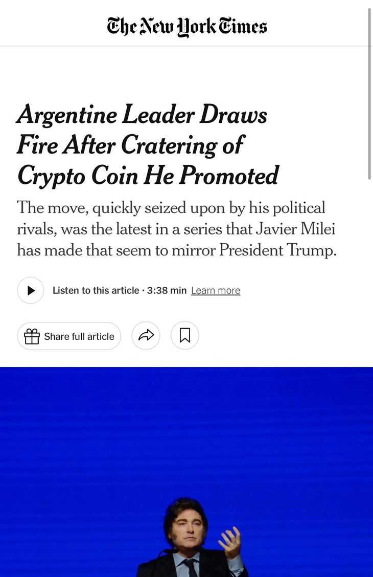 Así retrató The New York Times el escándalo cripto que envuelve a Milei.