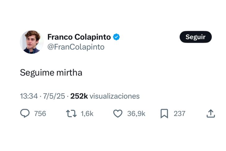 Franco Colapint's response to Mirtha's support message. Franco Colapint's response to Mirtha's support message.