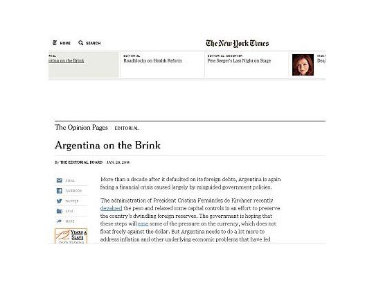 La nota Argentina on the Brink fue difundida en la web del NYT el martes y publicada en la edición impresa del periódico este miércoles.
