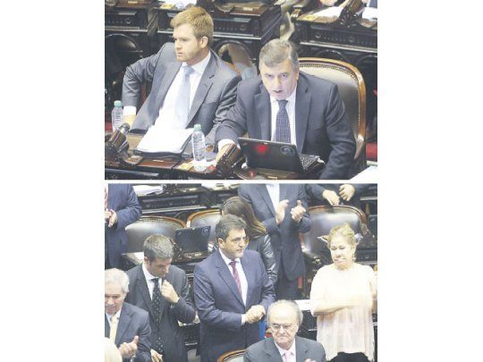 Nicolás Massot, jefe del bloque PRO, y  Mario Negri, de la UCR y el interbloque Cambiemos, controlaron la sesión. Massa en el recinto junto a Felipe Solá, Graciela Camaño y José Ignacio de Mendiguren.
