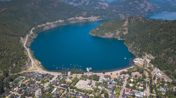 Aerial view of San Martín de los Andes and Lake Lácar. Aerial view of San Martín de los Andes and Lake Lácar.
