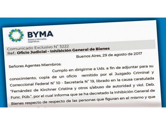 rastreo. El facsímil del comunicado enviado por BYMA a los agentes. En el mercado creen improbable que Cristina tenga una cuenta comitente.
