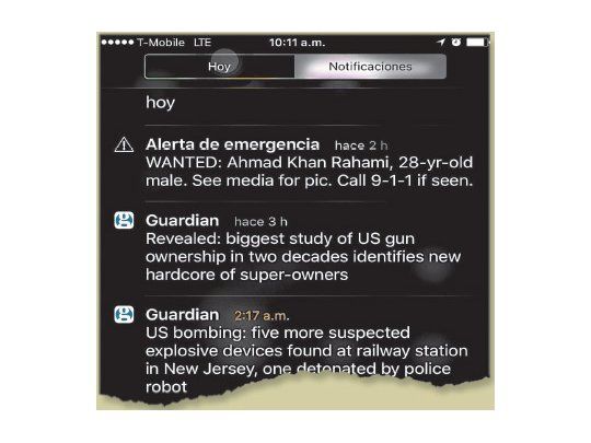 Alerta. La policía activó un sistema de advertencia sobre un terrorista prófugo. Se utiliza en ocasiones de extrema emergencia interviniendo todos los celulares que estén funcionando en New York y los alrededores.