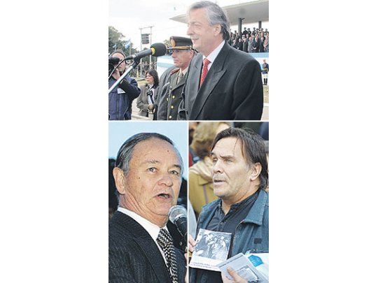 Néstor Kirchner en su discurso en el Colegio Militar donde dijo a los militares presentes como presidente de la Nación no tengo miedo ni les tengo miedo. A su lado Roberto Bendini. (arriba) El general retirado Miguel Giuliano al hablar en plaza San Martín. (izquierda) Concurrentes al acto de recordación de víctimas de la subversión mostraban y repartían fotos de directivos de Clarín brindando con champagne con el ex dictador Jorge Videla en 1978. (derecha)