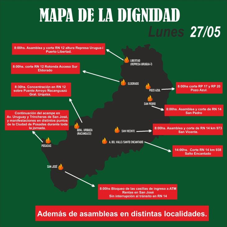 Mapa con las locaciones de las protestas docentes de este lunes. Mapa con las locaciones de las protestas docentes de este lunes.