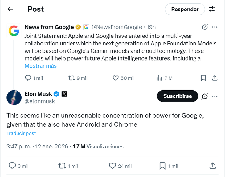 La respuesta de Musk al acuerdo entre Apple y Google. La respuesta de Musk al acuerdo entre Apple y Google.