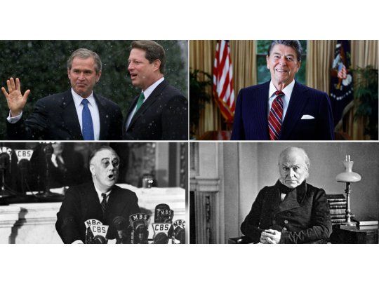 George Bush junto a Al Gore, rivales en la elección del 2000, Ronald Reagan, Franklin Roosevelt y John Quincy Adams.