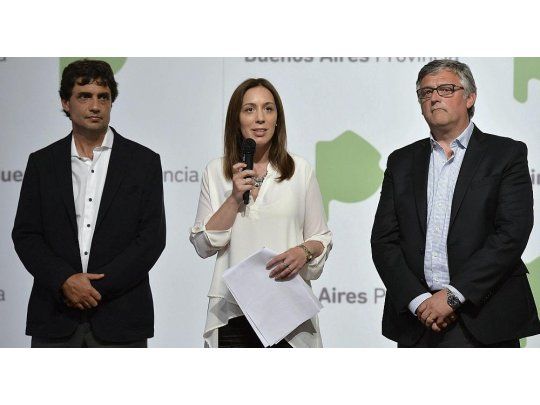 La gobernadora Vidal junto a los ministros Villegas y Lacunza.
