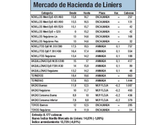 Mercado de Liniers: novillo cayó 1,08%