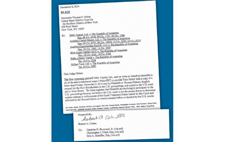 ámbito.com | Los abogados del fondo buitre Elliott se reunieron ayer con Griesa para reiterar que no aceptarán presentarse ante un juzgado inglés para resolver qué sucede con los bonos emitidos bajo esa jurisdicción.