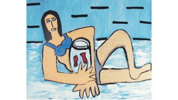 «Llevando los peces a nadar», uno de los retratos de grandes dimensiones y colores restallantes y humor infalible, herederos de la fuerza de Picasso y el afán ornamental de Matisse.