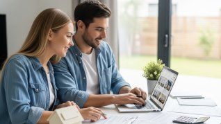 Una pareja revisa en la computadora alternativas para acceder a la compra de vivienda mediante nuevas opciones de financiamiento hipotecario.