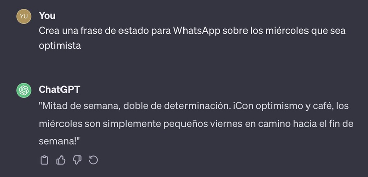 Crear frases para estados de WhatsApp con ChatGPT. Crear frases para estados de WhatsApp con ChatGPT.