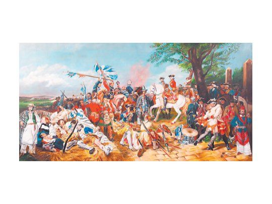 Parodia de la “Batalla de Fontenoy”, del artista argentino Alberto Passolini, que lució en el interior de su “rancho” en arteBA.