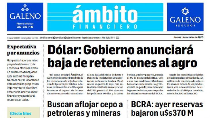 Así se informa. El diario Ámbito Financiero anticipó las medidas económicas que dará estar tarde el Gobierno nacional.