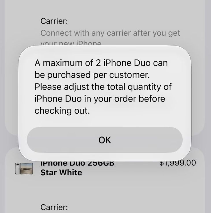 La web impide la compra de más de 2 unidades del iPhone Duo.