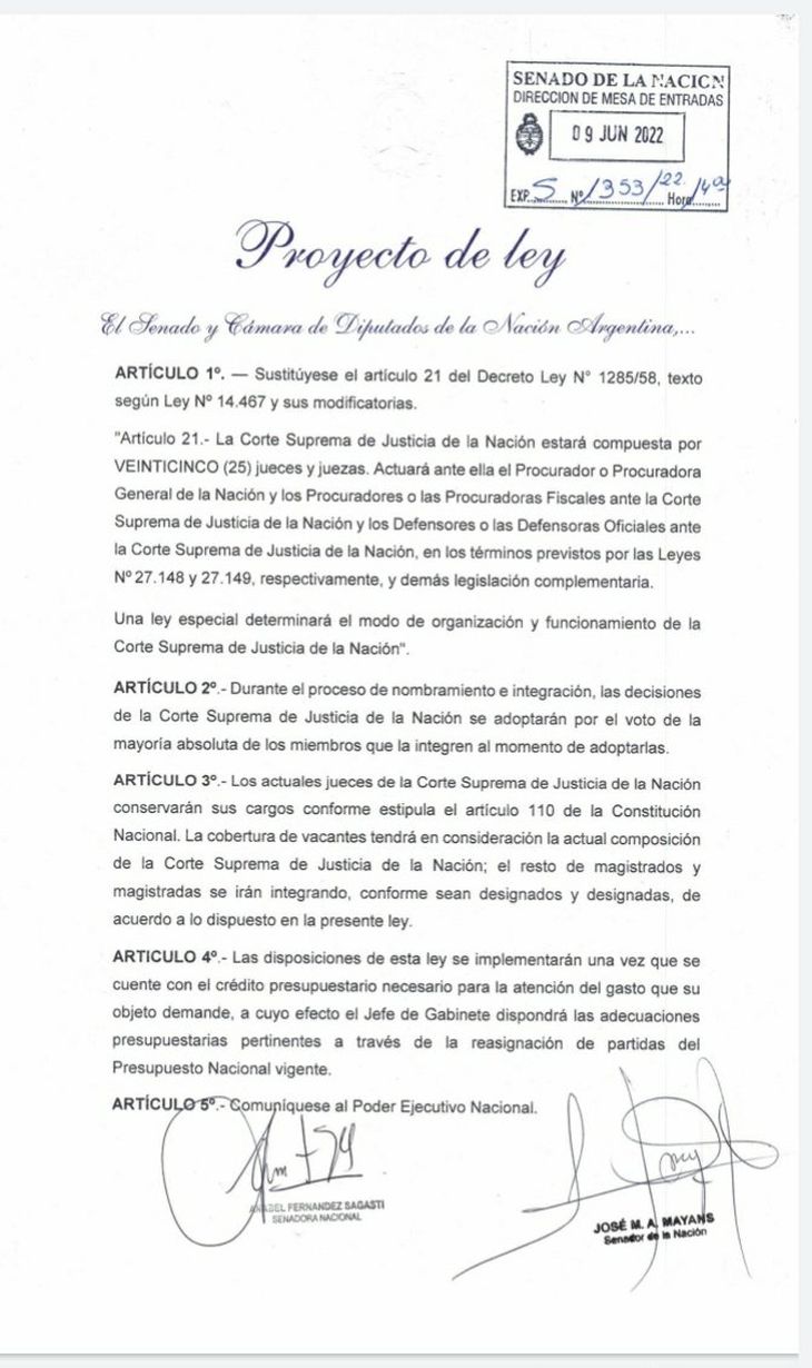 Ingresó al Senado el proyecto de los gobernadores para ampliar la Corte Suprema