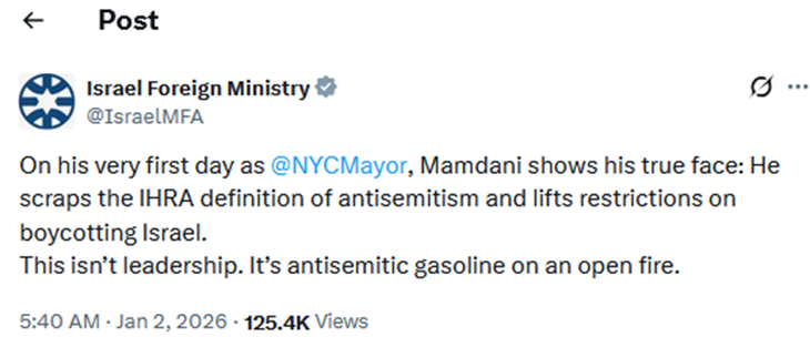 El gobierno de Israel, a través del Ministerio de Relaciones Exteriores, ataca a Mamdani y lo acusa de echar combustible al fuego del antisemitismo. El gobierno de Israel, a través del Ministerio de Relaciones Exteriores, ataca a Mamdani y lo acusa de echar combustible al fuego del antisemitismo.