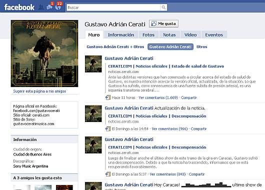 En el Facebook de Cerati se publicaron links que llevan a la página oficial del artista y los fans dejaron más de mil mensajes