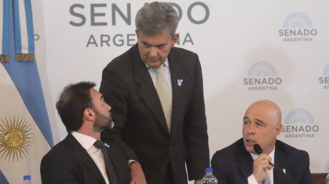 Los senadores oficialistas Ezequiel Atauche y Bartolomé Abdala sentados junto al radical Víctor Zimmermann.