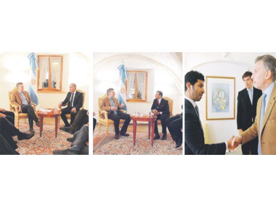 Tres de los encuentros que mantuvo Mauricio Macri ayer en su primer día de actividad en Davos: con Marcelo Mindlin (CEO de Pampa Energía); Sunny Varkey (GEMS Education) y Hamad Al Dhaheri (Abu Dhabi Investment Authority).