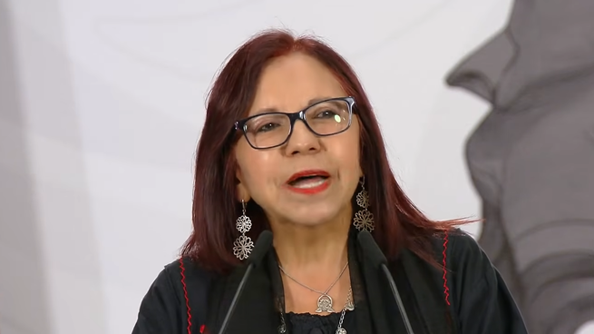 Leticia Ramírez, titular del Bienestar, en la Mañanera del Pueblo.