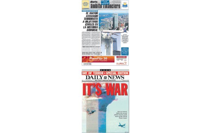 ámbito.com | Tapas de Ámbito Financiero y del diario popular neoyorquino Daily News del 12 de septiembre de 2001. «Es la guerra», tituló el medio de Manhattan y alrededores.