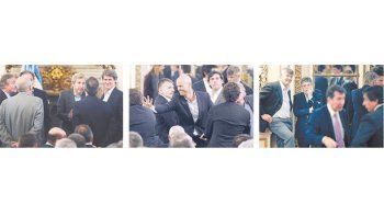 A la espera del Presidente. Miembros del gabinete dialogaron entre ellos y con empresarios mientras aguardaban la presencia de Macri. Así lo hicieron, por ejemplo, los ministros de Interior, Rogelio Frigerio, y de Hacienda y Finanzas, Alfonso Prat Gay. El titular de Transporte, Guillermo Dietrich, saludó a todos. Su par de Agricultura, Ricardo Buryaile, y el titular de la AFIP, Alberto Abad, esperan y  observan. Todo ayer  en el Salón Blanco.
