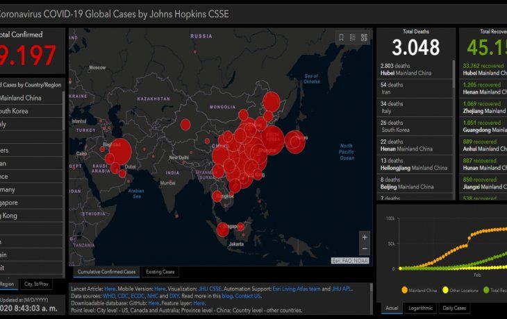El mapa de los números oficiales del coronavirus: 3.0148 muertos y 89.117 infectados.