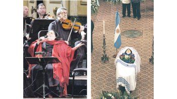 Junto a la Orquesta Estable, la noche del recital en noviembre de 2006 cuando el Colón cerró sus puertas.; El adiós final, en el Salón de los Pasos Perdidos del Congreso, donde sus restos serán velados hasta el mediodía de hoy.