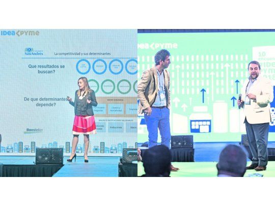INFORME. Luciana Pagani, de Boosteller, presentó los resultados del estudio “Competitividad Pyme: una oportunidad para el desarrollo”. OBJETIVOS. Sebastián Martínez (izq) y Juan Elías Pérez Bay, vice y presidente, respectivamente, de IDEA Pyme, en la apertura del encuentro.