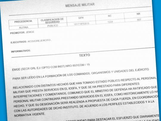 Marcha atrás. Parte del jefe del Ejército a la tropa donde anuncia que el personal militar seguirá trabajando en la obra social de las fuerzas.&nbsp;