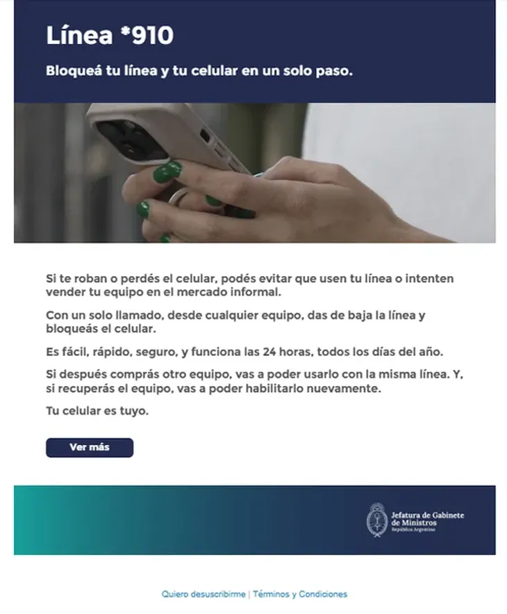 El mail es enviado desde la dirección “hola@comunicacion.argentina.gob.ar”.