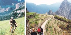 Trekking por el Camino del Inca, tradicional circuito que une a la ciudad de Cuzco con la ciudadela sagrada de Machu Picchu (arriba). Perú es también un destino ideal para los ciclistas (izquierda). Trekking por el Camino del Inca, tradicional circuito que une a la ciudad de Cuzco con la ciudadela sagrada de Machu Picchu (arriba). Perú es también un destino ideal para los ciclistas (izquierda).